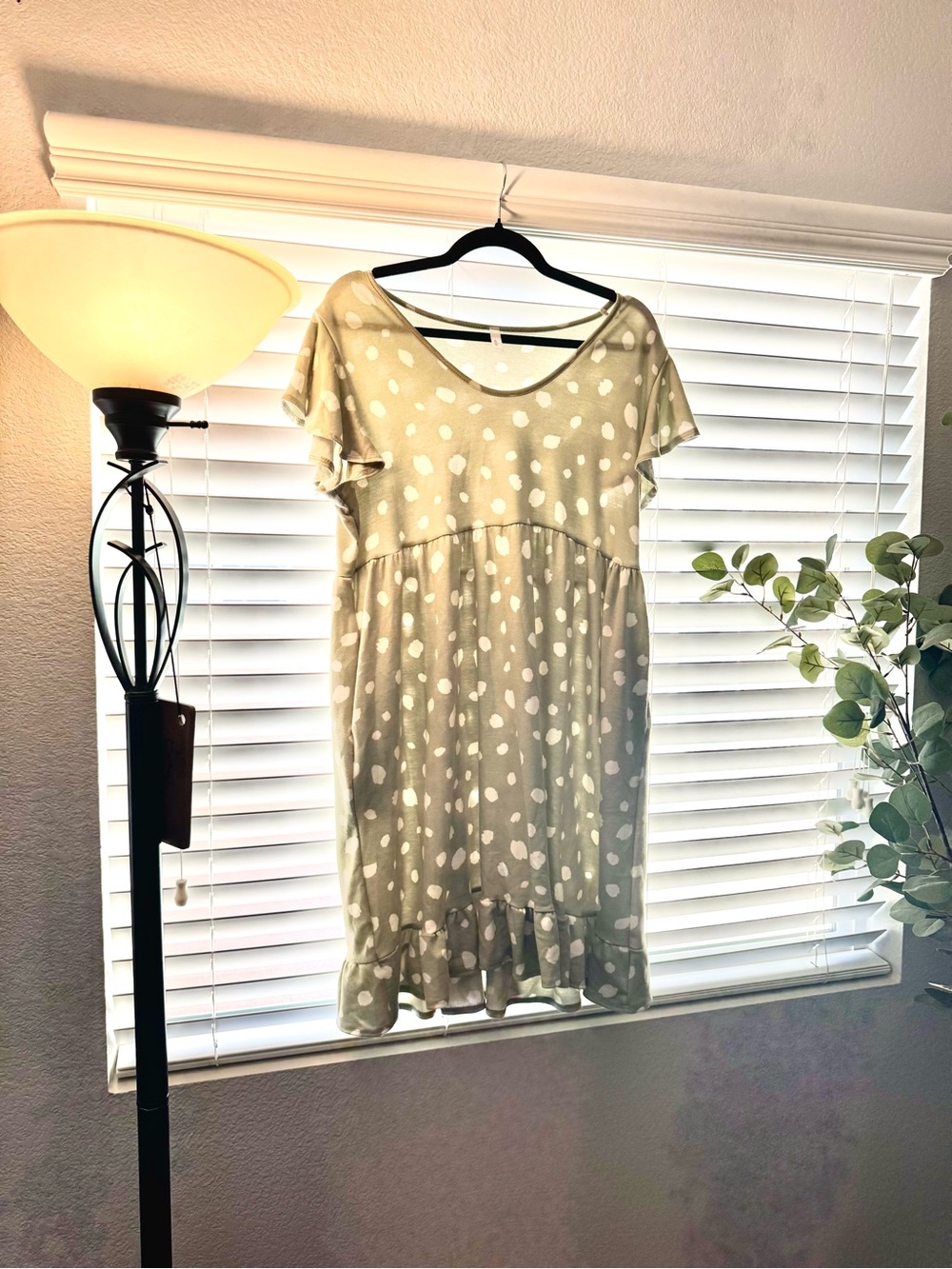 Polka Dot Ruffle Hem Short Sleeve Dress With Pockets - Sage Green. Fits like L